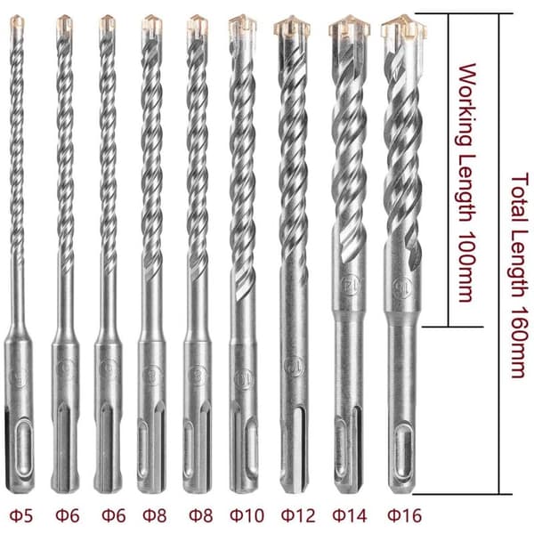 Betonbor, 9 stk (5mm-16mm), 160mm lang, SDS Plus bor til borehammer, til boring i beton, mursten, sten, cement