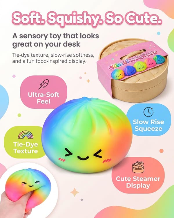 Tie Dye Dumpling Squishy Legetøj med Damper, Langsomt Stigende Blød Klemme Stressbold, Farverigt Sensorisk Angstlindrende Fidget Legetøj til Voksne