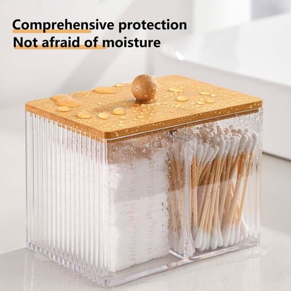 Transparent akryldispenser med bambulock - för bomullstussar och bomullspinnar 13,7×8,8×9,6 cm
