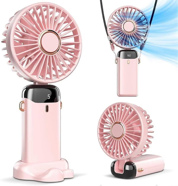 Håndholdt ventilator, batteridrevet ventilator med base, LED-display, 5 hastigheder, 90° justerbar foldbar bordventilator