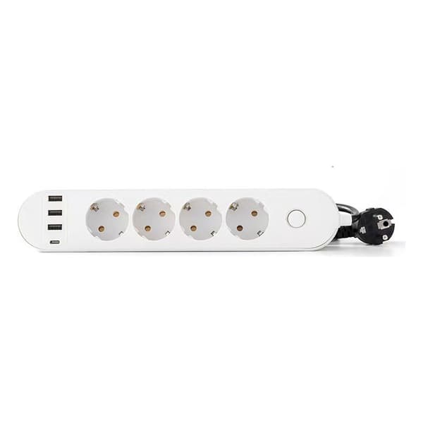 4-veis strømskinne 16A + 4 USB-porter (3 USB-A + 1 USB-C PD20W) med bryter, 2M kabel, hvit