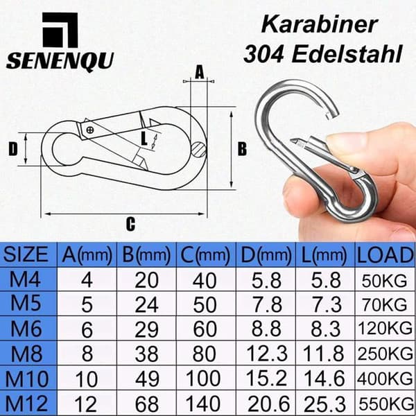 M10 100mm Karabinkrok - 304 Rustfritt Stål - Ø10 mm - Lastekapasitet 400 kg
