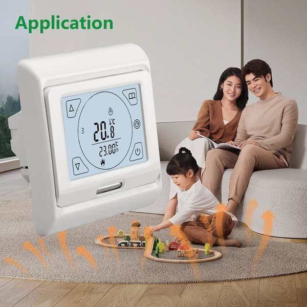 7-dagers programmerbar LCD romtermostat, 230V 16A, for elektrisk gulvvarme - hvit