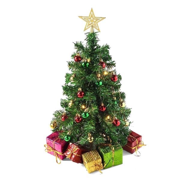 Liten julgran - 60 cm minigran med hängande prydnader, dekorativ rosett och presentaskar