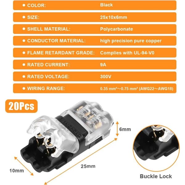 20 Stykker 2-bens H-formede elektriske ledningsforbindere, 20/22 AWG Hurtigkabelstik til Bil, Lys, Lyd