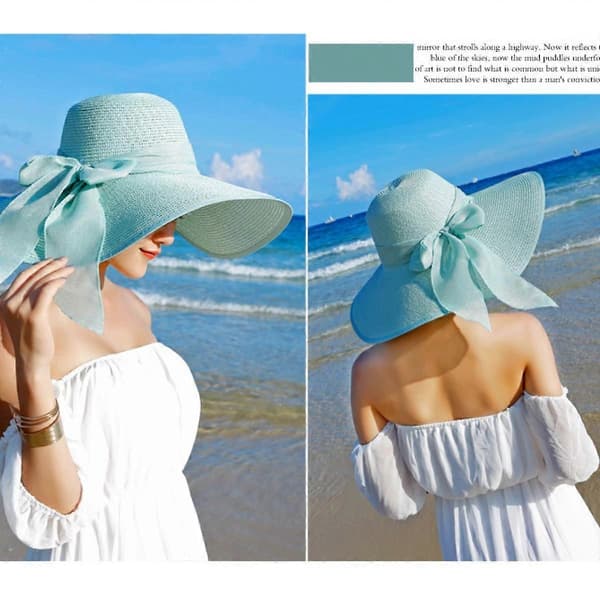 Hat Kvindelig Solbeskyttelse Sammenfoldelig Stor Skygge Sol Strandhat Strand Solhat Kystferie Udflugt Stråhat, Mintgrøn