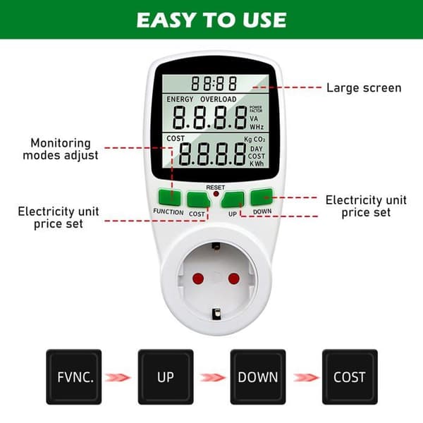 Digital plug-in wattmätare - Energimätare (kWh), spänning, ström, frekvens, effektfaktor