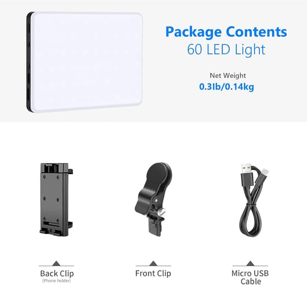 Selfie-lys med front- og baktelefonklips, høyeffekt 60 LED 2000mAh oppladbart CRI 95+, 3 lysmoduser, bærbart klipslys, TikTok-video
