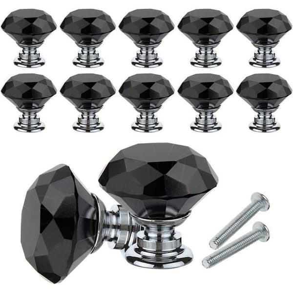 Svarta kristallmöbelknoppar 30 mm - 10-pack med skruvar