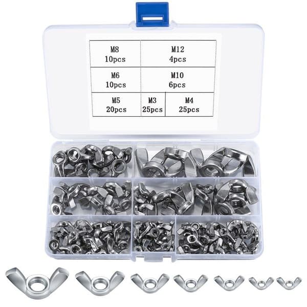 Pakke med 100 vingemuttere (vingemuttere) i 304 rustfritt stål – sortiment M3/M4/M5/M6/M8/M10/M12