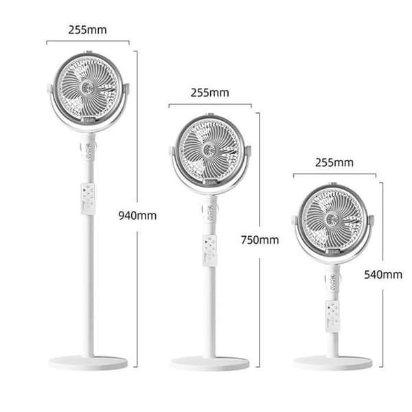 Stillegående tåkevifte med hjul, 3 blader, 3 moduser, 3 hastigheter, tåkefunksjon, fjernkontroll, timer, hvit