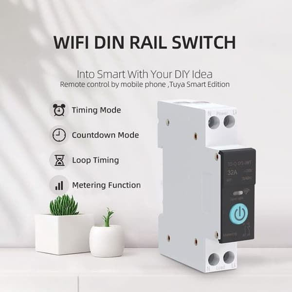 Smart Wi-Fi DIN-skinnekretsbryter 32A - fjernkontroll, ZigBee/SigMesh, 1P+N