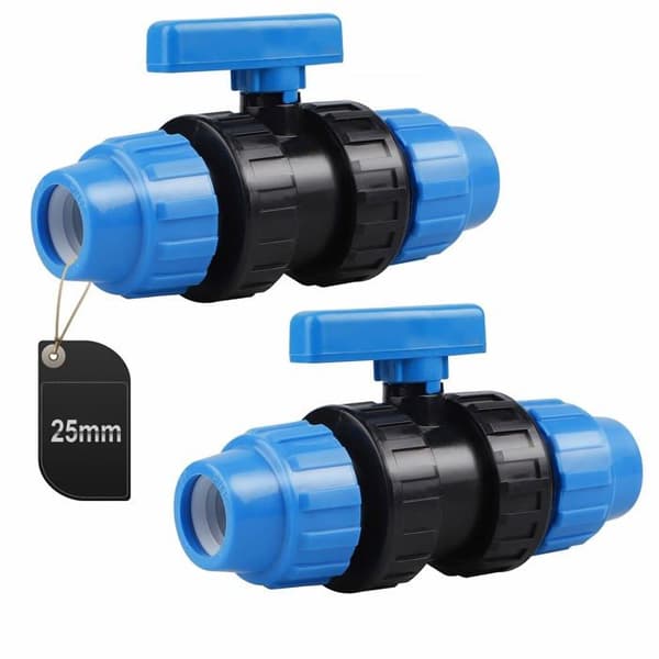 PP slangeklemme Ø25 mm for PE-rør – pakke med 2, blå kuleventil