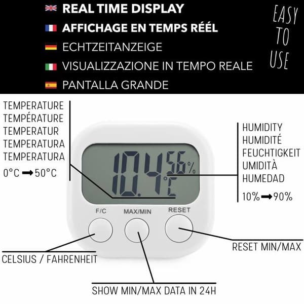 Mini innendørs termo-hygrometer - Høy presisjon ±1°C - 0–50°C - Bærbar 75x83x22mm