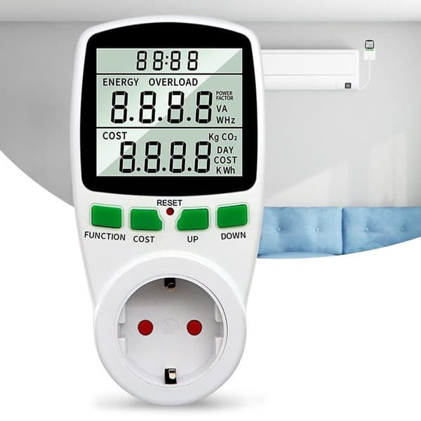 Digital stikdåse-wattmåler - Energimåler (kWh), spænding, strøm, frekvens, effektfaktor