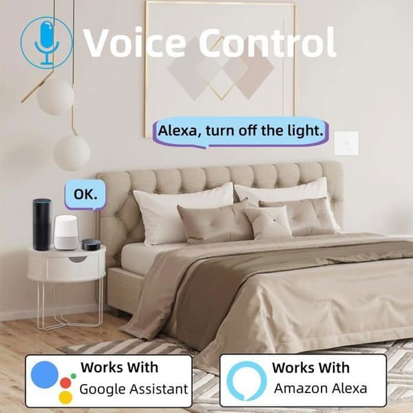 Hvid 2-gangs Wi-Fi Touch Vægafbryder — Hærdet Glas, Alexa/Google Stemmestyring, Timer