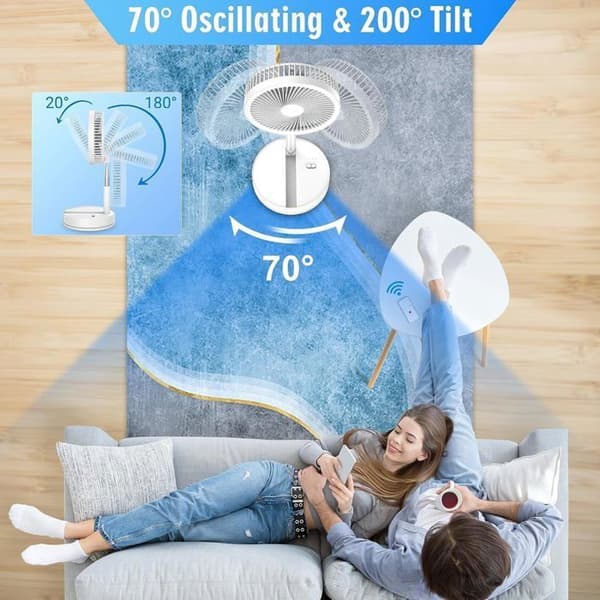 Stille bærbar gulvvifte med fjernkontroll, 4 moduser/timer, 7200 mAh, USB oppladbar
