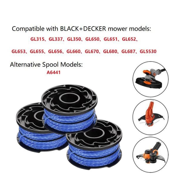 Pakke med 3 spoler med 1,5 mm (2 x 6 m) A6441X3-XJ trimmertråd for BLACK+DECKER gresstrimmere - Automatisk trådmating