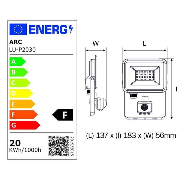 LED-strålkastare med rörelsesensor, 20W/IP44/2000lm/3000K, direktanslutning - ingen kabel krävs - 5 års garanti