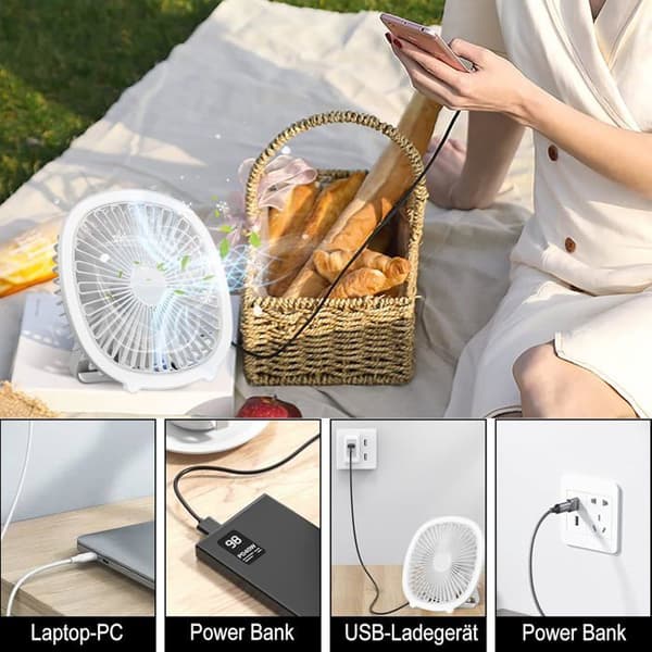 Bærbar ventilator, Støjsvag ventilator, Tre vindhastigheder, Med trinløs lysændring Mini ventilator til
