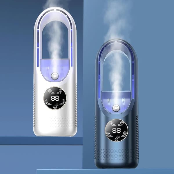 Bladeless bordventilator med luftfugter – USB-ventilator med vandkøling, 6 hastigheder, soveværelsesventilator med timer og LED-lys
