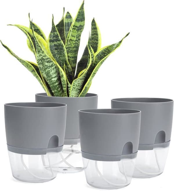 Rektangulär självvattnande kruka för inomhusbruk, grå - 4-pack, transparent vattenreservoar