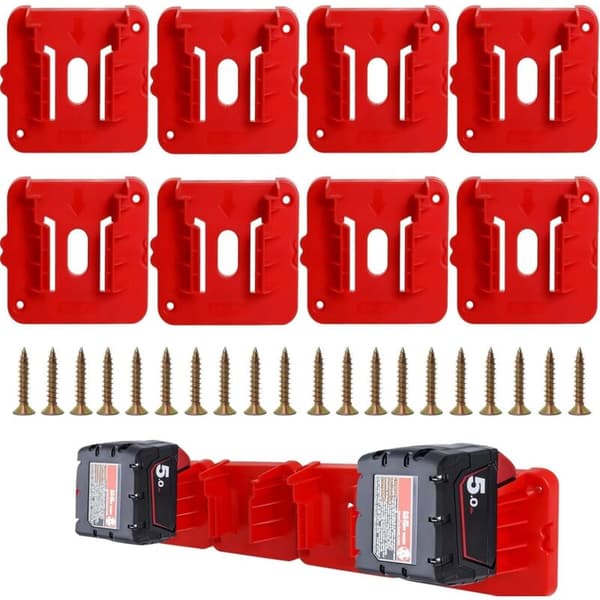 Set med 8 batterihållare för Milwaukee M18 18V – Robust ABS-plast – Väggmontering – Säker låsning