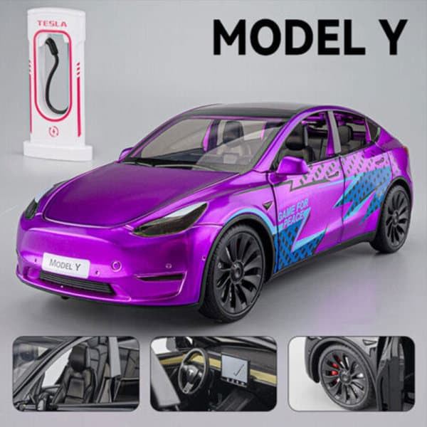 Legetøjsbil i legering til Tesla Model Y, Model Y med lyd og lys, hvid