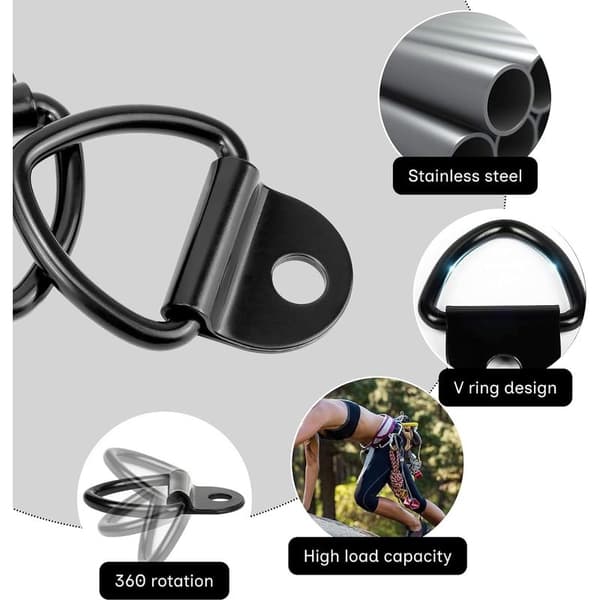 4 stk. surringsringe i rustfrit stål, 450 kg bæreevne, sorte surringsringe 85x62 mm, D-ring fastgørelsesringe til trailere, lastbiler, biler, både