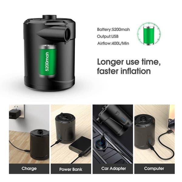 Bærbar dekkoppblåser - 5200 mAh modell - 300 L/min - Oppladbart batteri - 3 dyser