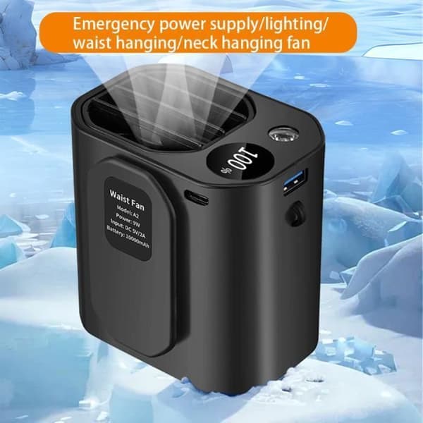 Multifunktionel ventilator - A2G - USB genopladelig - 10000 mAh - 3 hastigheder - Sort