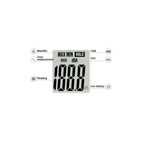 Lydnivåmåler 40-130dBA, Profesjonell desibelmåler med bakgrunnsbelyst display (9V batteri inkludert)