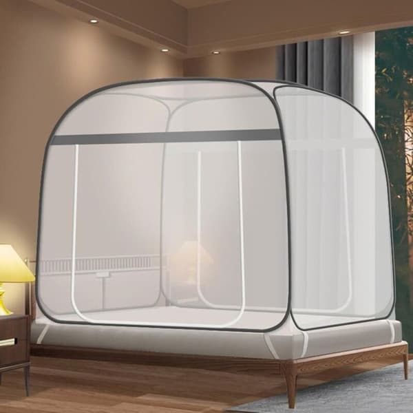 Myggnett til seng - 220×200×155 cm - Sammenleggbart og bærbart - Doble U-formede dører - Pustende netting
