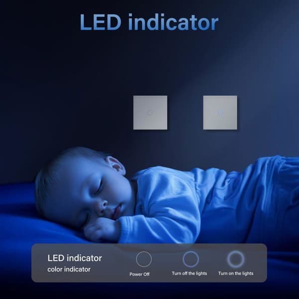 1-gängs, 1-vägs touchströmbrytare - vit, panel i härdat glas, LED-indikator, 500W