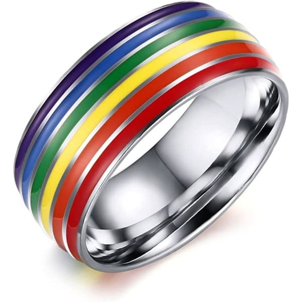 8mm Rostfritt Stål Emalj Regnbåge HBTQ Pride Ring för Kvinnor och