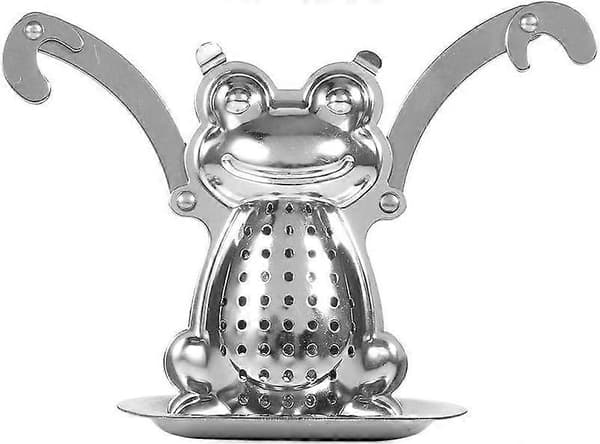 Te-infuser, froskeformet te-sil i rustfritt stål med kjetting og dryppbrett, løsblad te-infuser