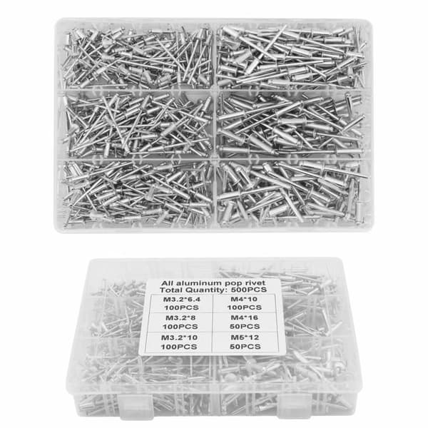 Aluminium blindnitar - Sortiment om 500 st (M3.2, M4, M5) med låda