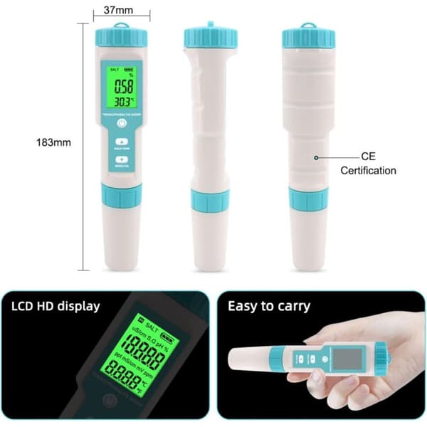 7-i-1 Vandkvalitetstester pH-meter, pH/TDS/SALT/ORP/SG/TEMP/EC med LCD, til drikkevand, pool, akvarium, hydroponics