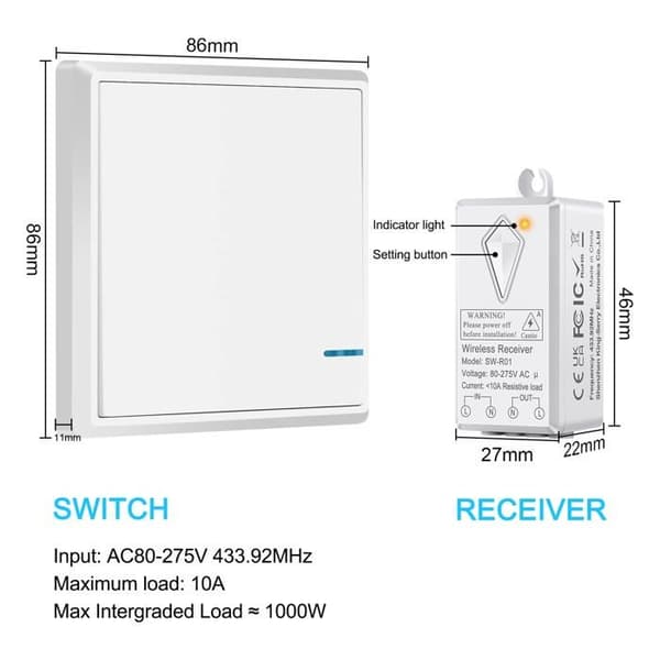 Trådløs bryter med IP66 vanntett mottaker – 86×86 mm, programmerbar (opptil 8), 10 A