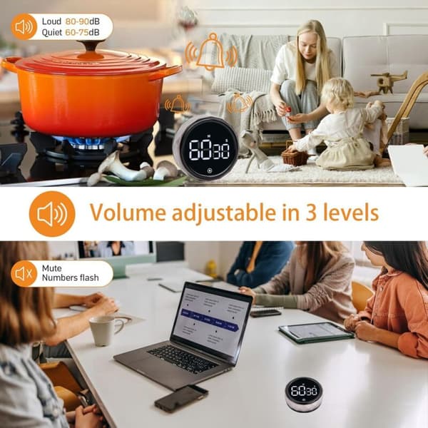 Digitala kökstimer med 3 justerbara volyminställningar, magnetisk nedräkningstimer och stor LED-display för matlagning, studier och träning