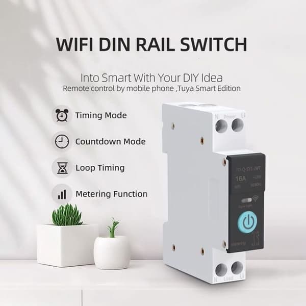 Smart DIN-skena strömbrytare med WiFi, 16A, 1P+N, ZigBee/SmartMesh - Fjärrkontroll och appstyrning