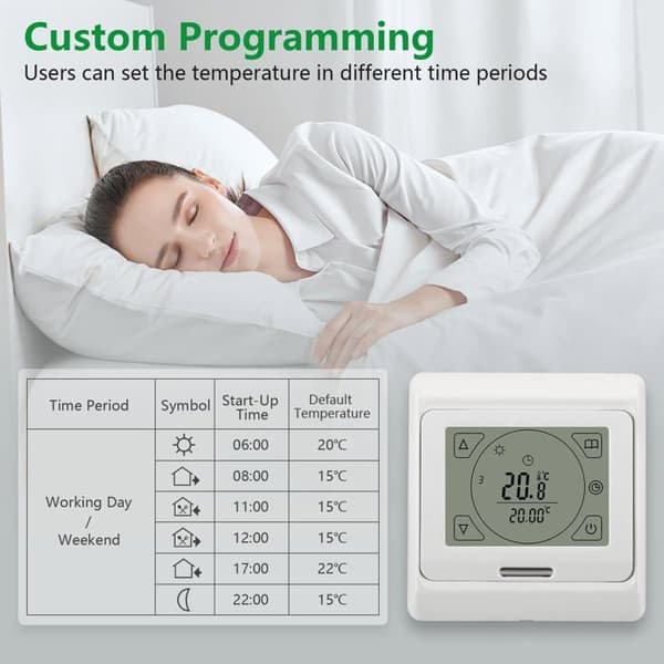 7-dagers programmerbar LCD romtermostat, 230V 16A, for elektrisk gulvvarme - hvit