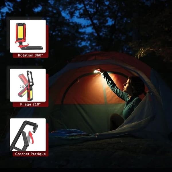 IPX6 oppladbar LED-arbeidslampe – magnet og krok, USB-C powerbank, 2 røde lysmoduser