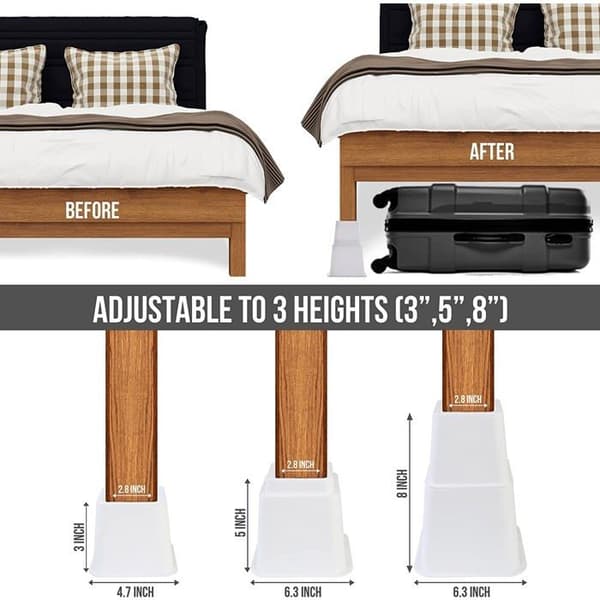 Justerbare møbelheiser, 8 stk, 7,6–20,3 cm, hvit - for seng, sofa, bord (støtter 600 kg)