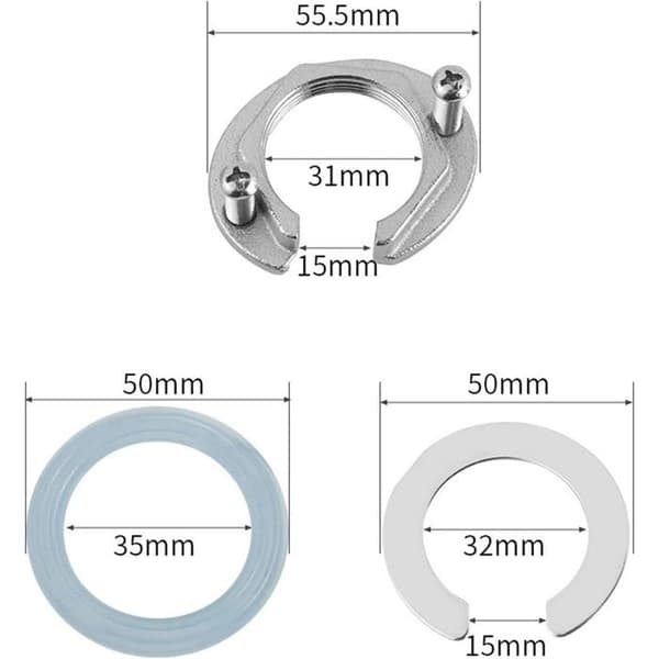 Kranfestemuttersett for 1 hull - halvmåne 31 mm, åpning 15 mm (kobber/rustfritt stål/gummi)