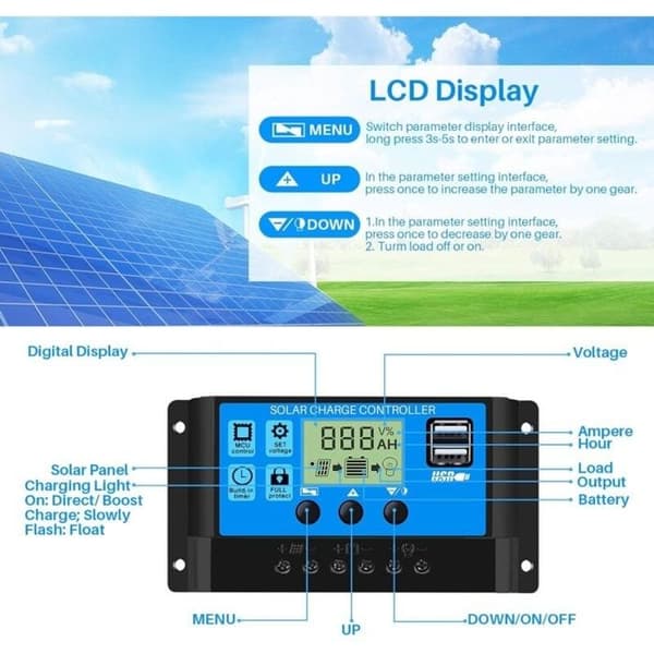 30A 12V/24V Intelligent PWM Batteri Solcellepanel Ladekontroller Regulator med 5V Doble USB-porter og LCD-skjerm