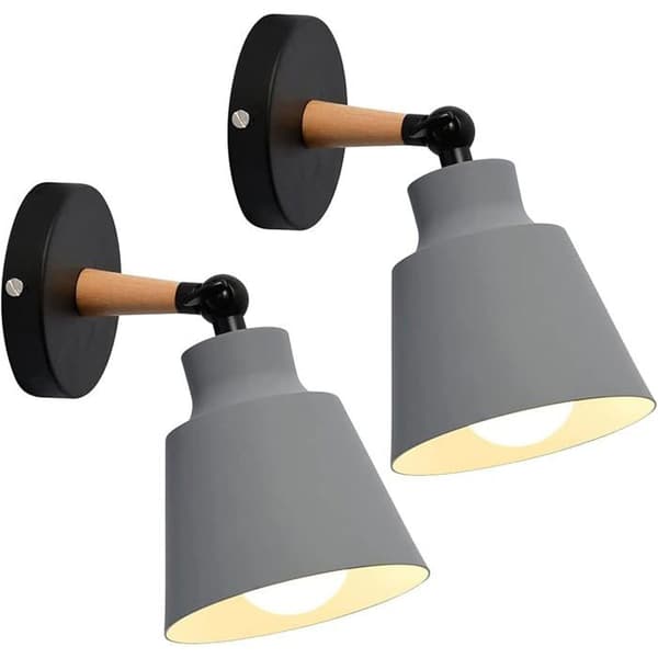 Vägglampa 2-pack - Grå - E27 justerbar 180° - Metall och trä