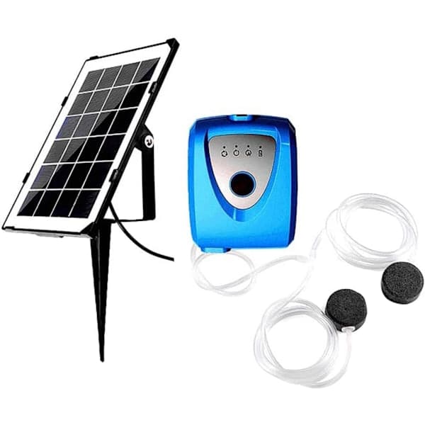Solarluftpump, akvarieventilator, dammventilator, med akvariesyreslang och luftsten (blå)