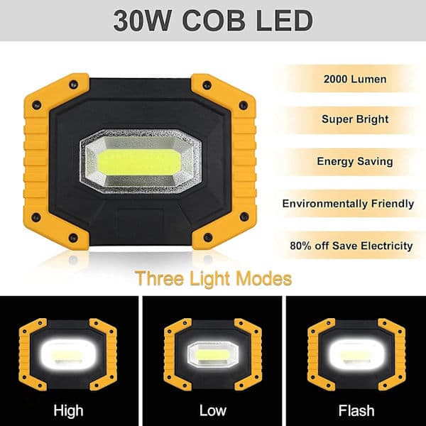 Oppladbar LED flomlys 30W 2000 LM Byggeplassflomlys