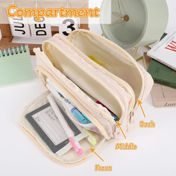 Aprikos Penalhus med Rom Stor Multifunksjonell Preppy Skrivesaker Organizer Krem Cream